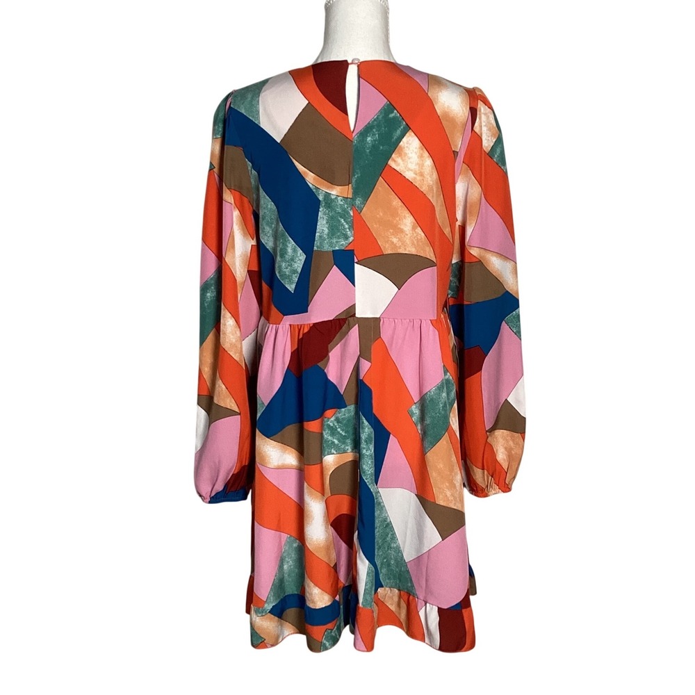 Abstract Geometric Print Women Dress Size Medium Long Sleeve V-Neck Mini - Picture 2 of 8